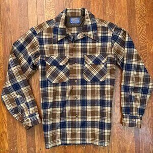 VTG Pendleton Board Shirt Men M Blue Brown Plaid Wool 60s Shacket Flap